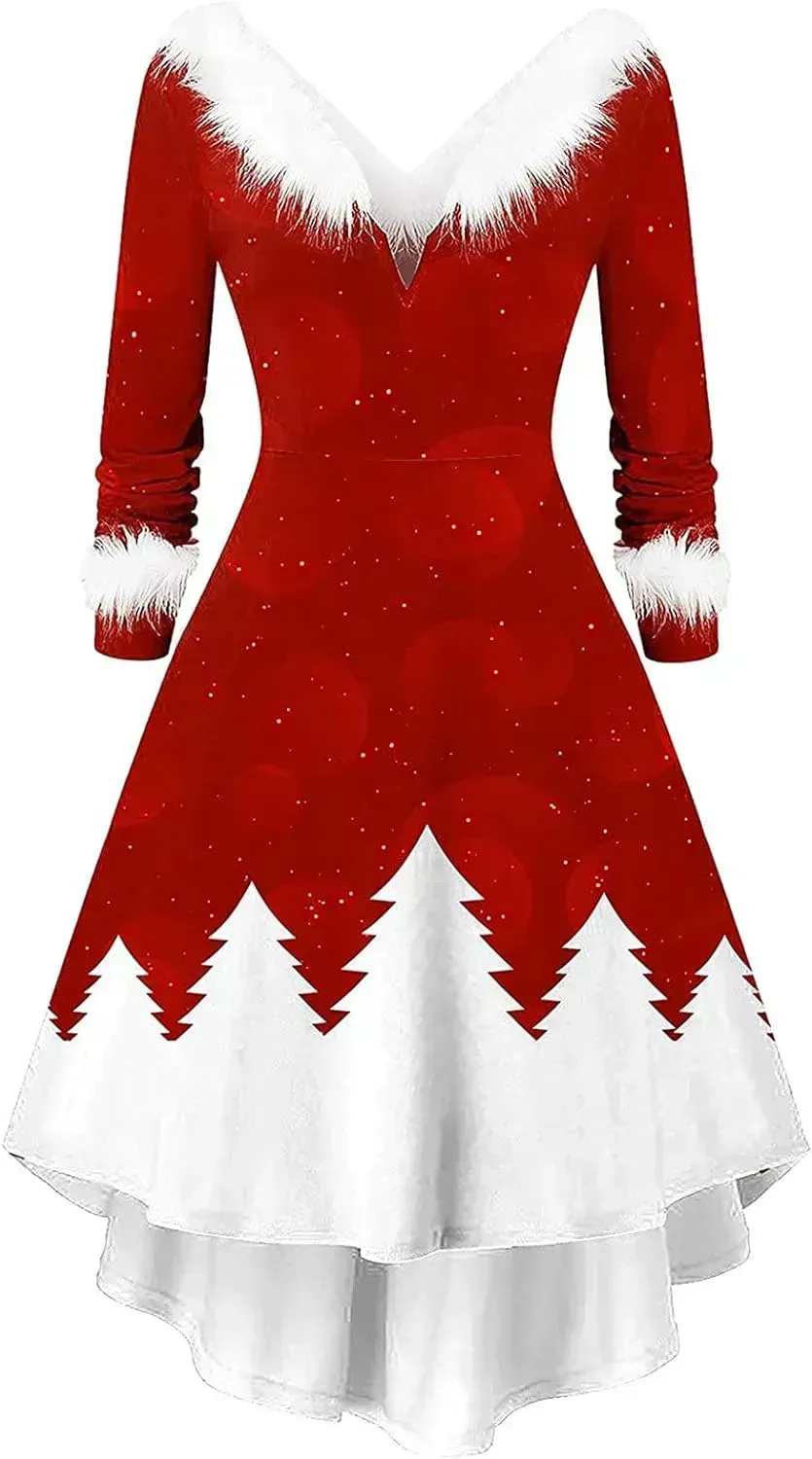 Womens Christmas Dress Fuzzy Mrs Claus Christmas Holiday Xmas Cocktail Holiday Party Flare Dress