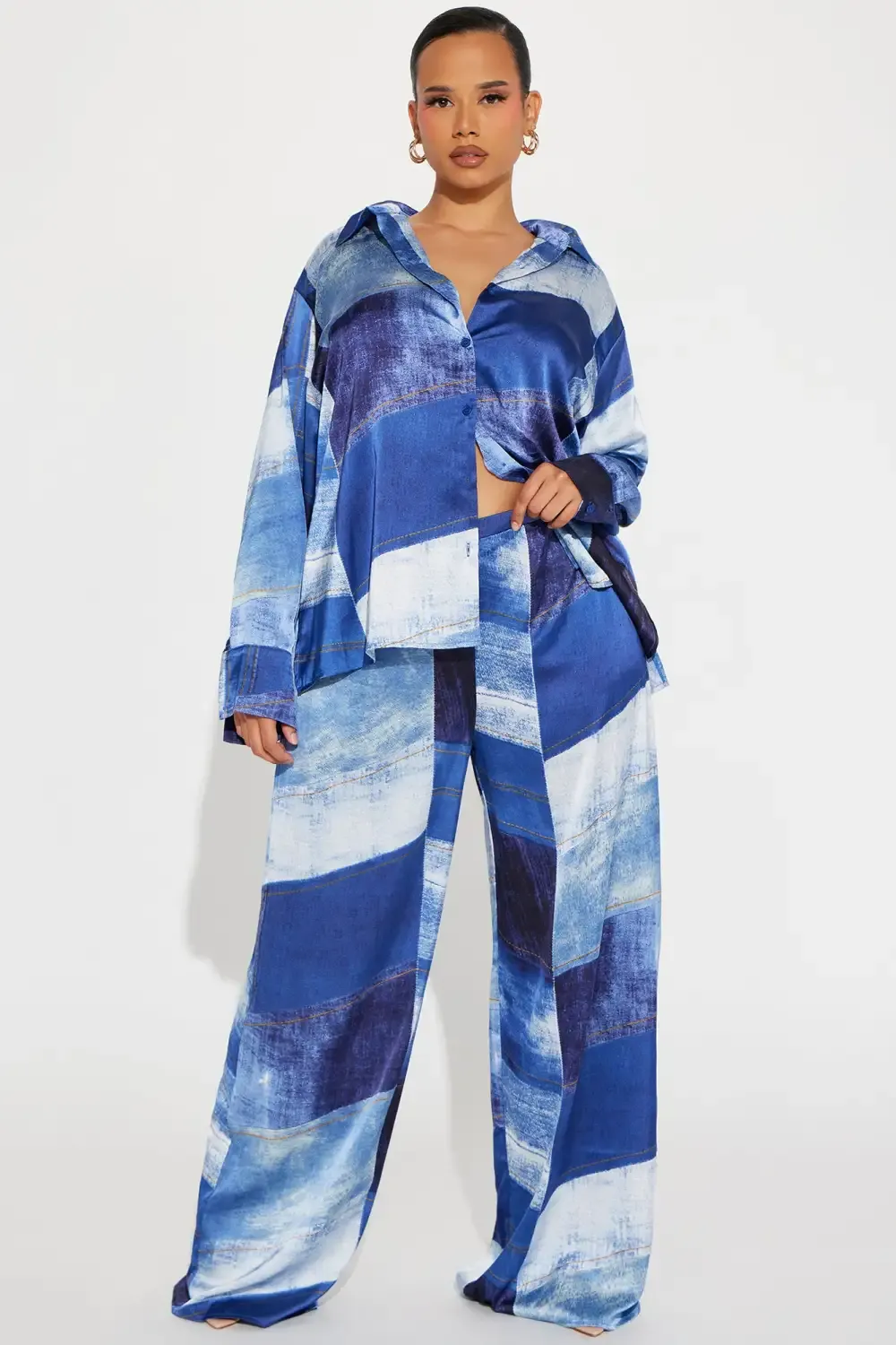 In A Denim Mood Satin Pant Set - Blue/combo