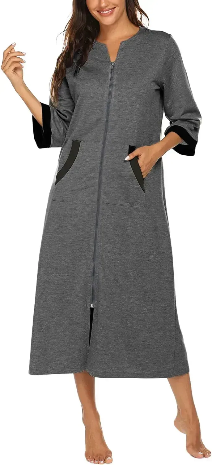 Women Zipper Robe 3/4 Sleeves Loungewear Dress Full Length Sleepwear Pockets Housecoat Nightgown Long Bathrobe