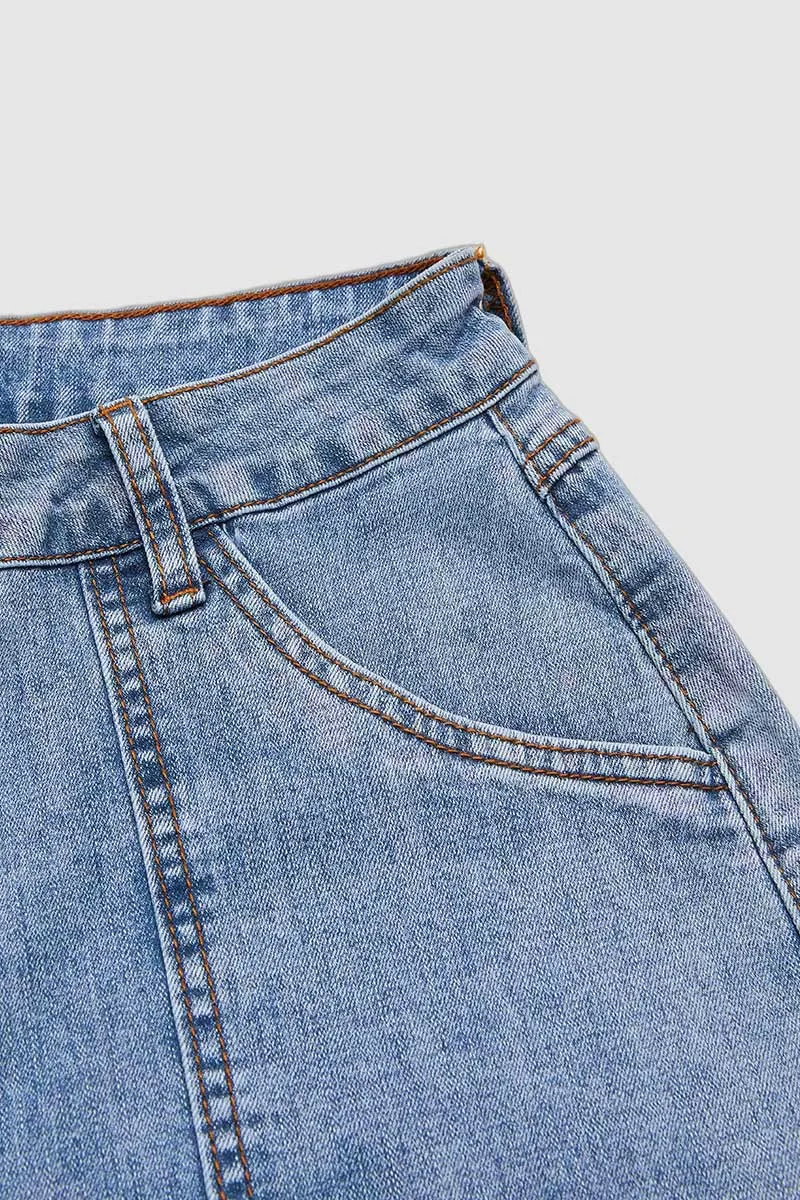 Wash Raw Hem Flap Pocket Mid Rise Straight Leg Denim Bermuda Shorts
