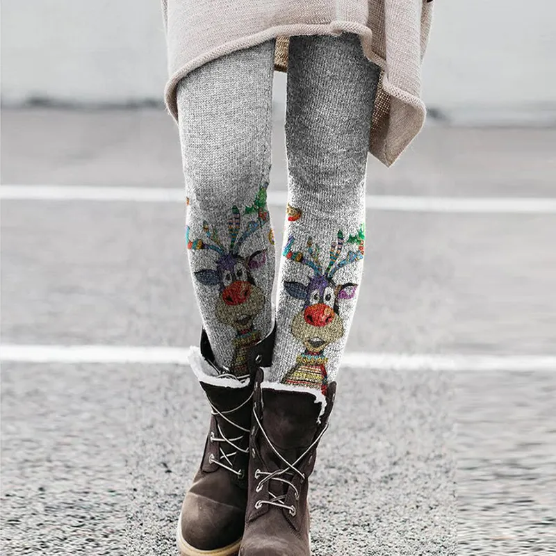 Color Reindeer Pattern Women's Warm Cozy Knit Leggings