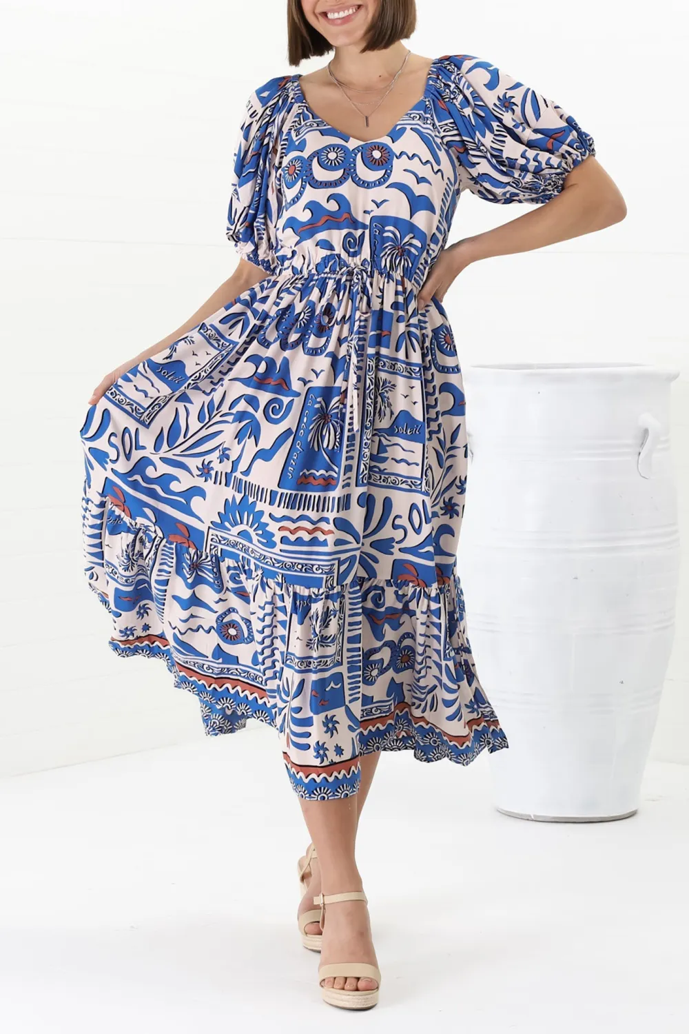 Blue Printed Puff Sleeve Midi Dress