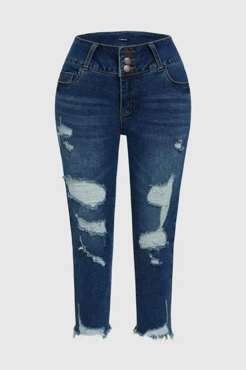 Button Up Ripped Raw Hem Mid Rise Capri Jeans