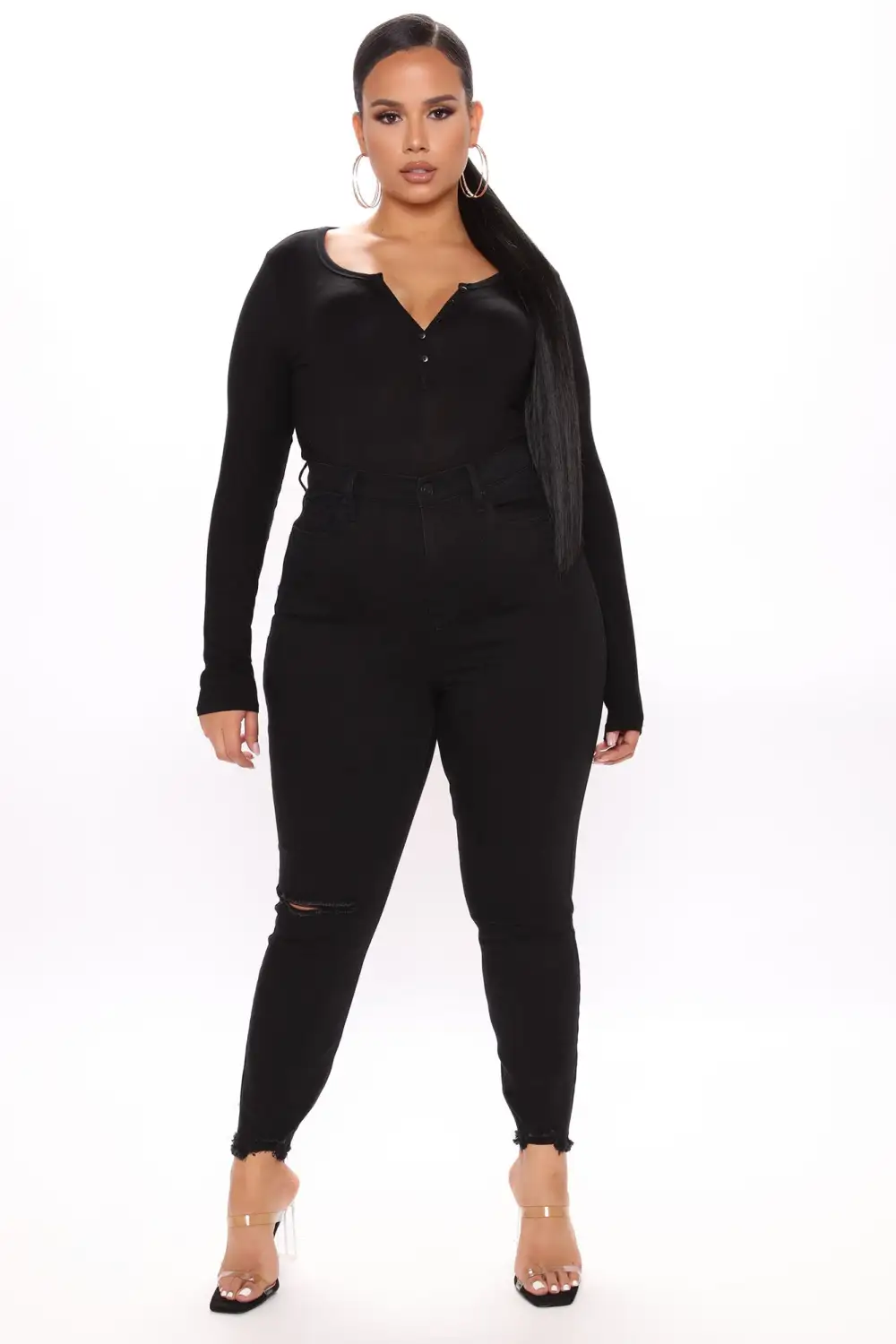 Nelida Long Sleeve Henley Tee - Black