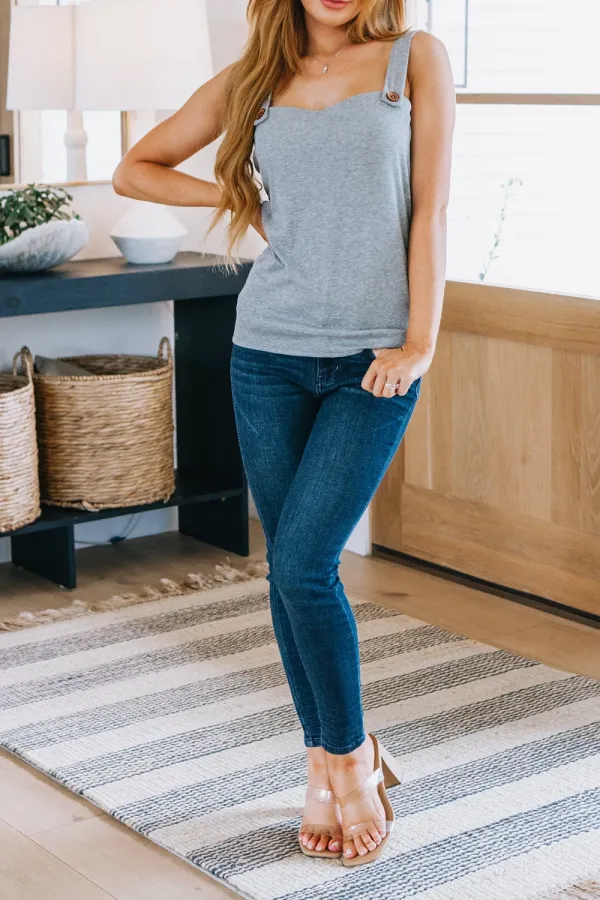 Grey Basic Button Strap Slim-Fit Tank Tops