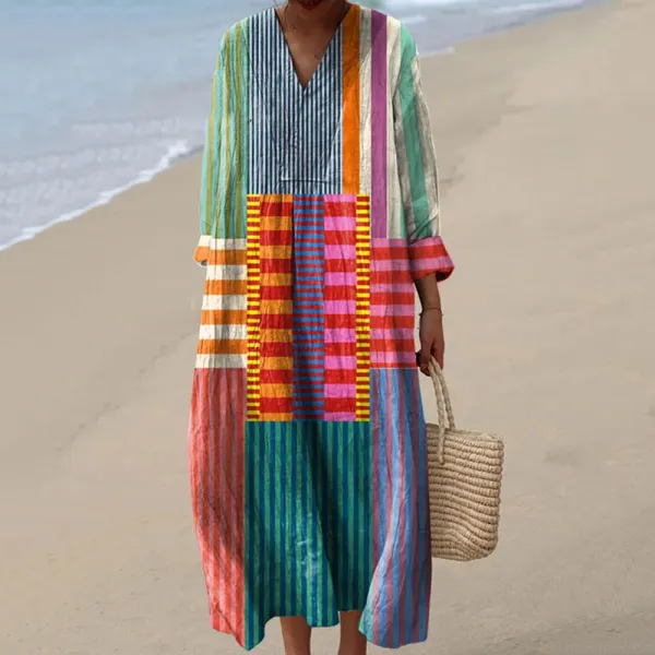 Women's Vintage Geometric Line Art Cozy Cotton Dress