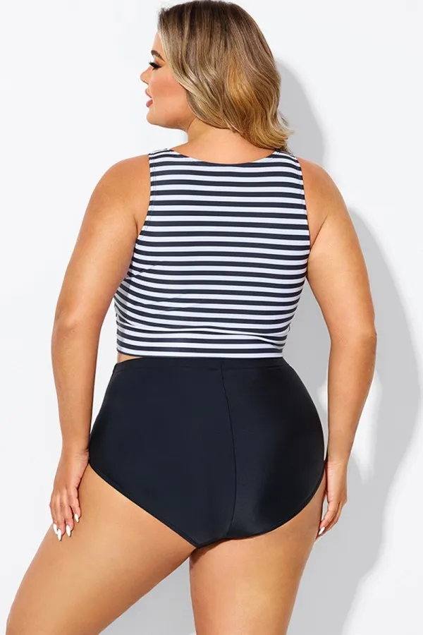 Black & White Striped Knotted Crop Bikini Top