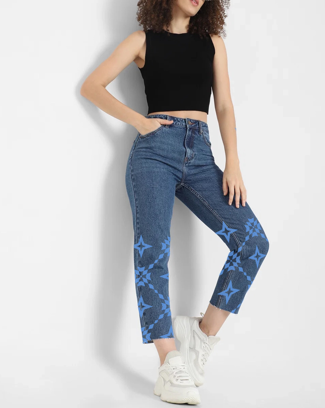 Blue High Rise Mom Fit Jeans with Blue Star Print