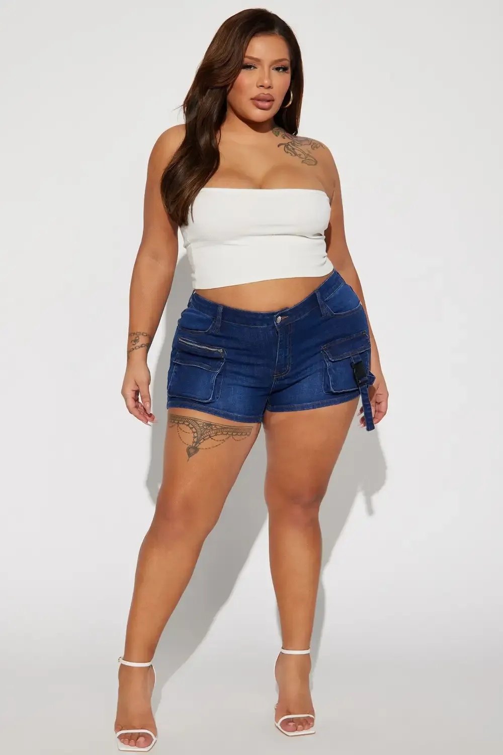 Up To No Good Low Rise Cargo Denim Shorts - Dark Wash