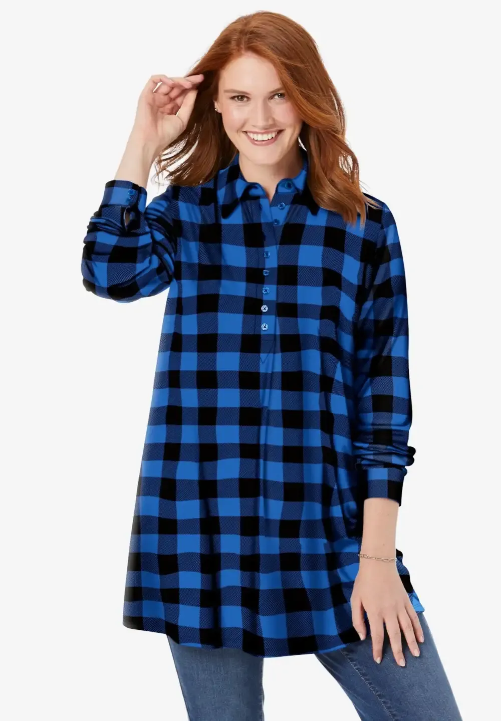 Plaid Knit Tunic With Collar