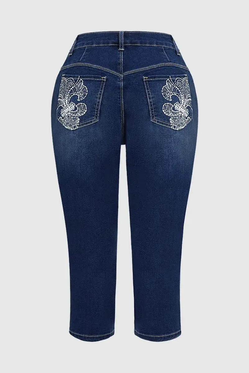 Floral Embroidered Split Hem High Rise Capri Jeans