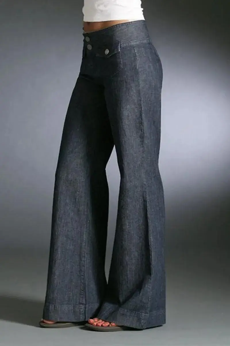 Flap Pocket Front Double Button Low Waist Wide Leg Jeans