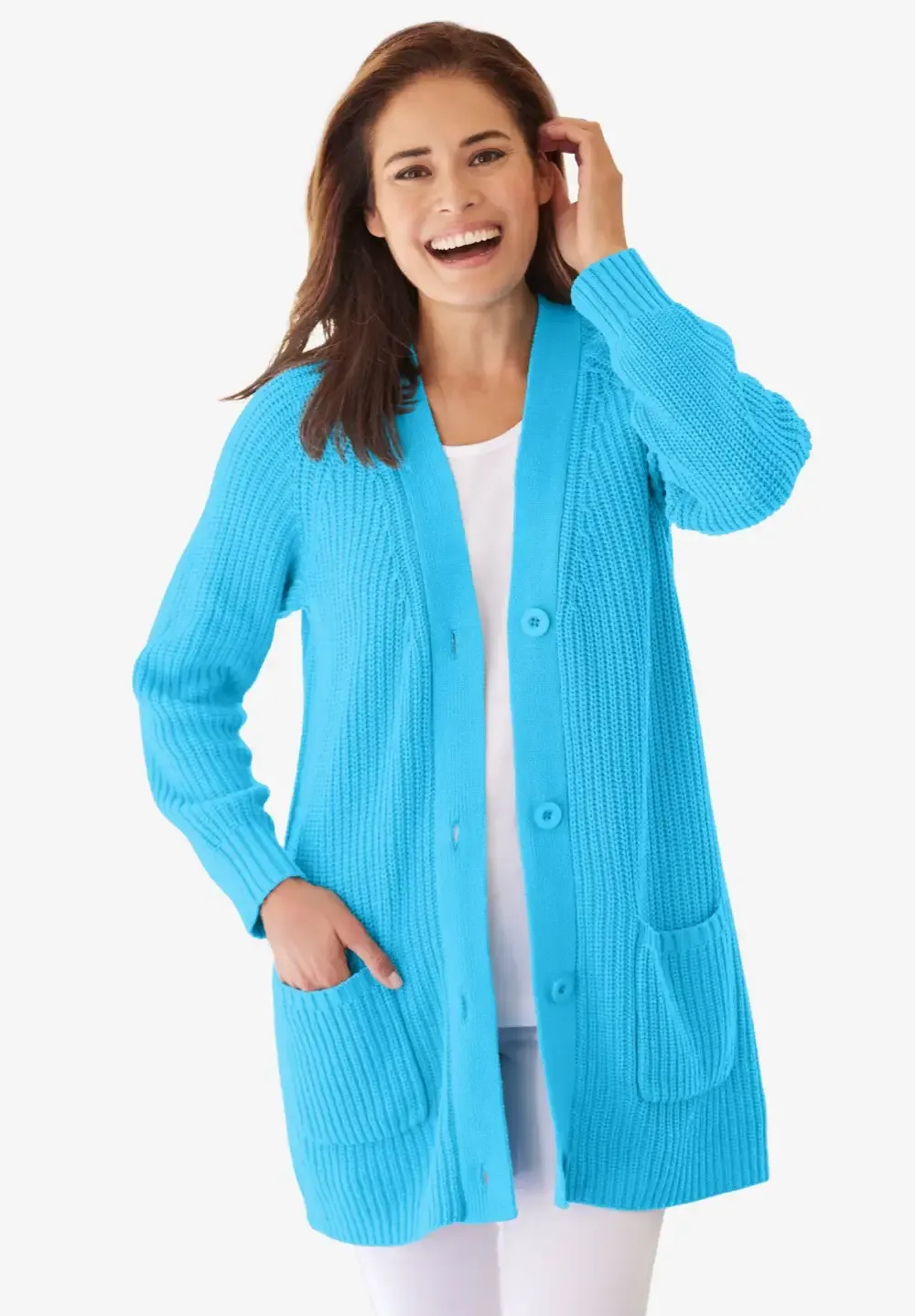 Button-Front Shaker Cardigan