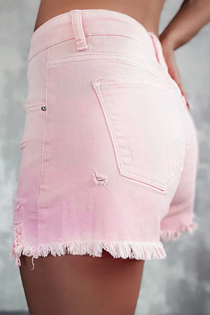 Solid Ripped Raw Hem Button Fly Mid Rise Denim Shorts