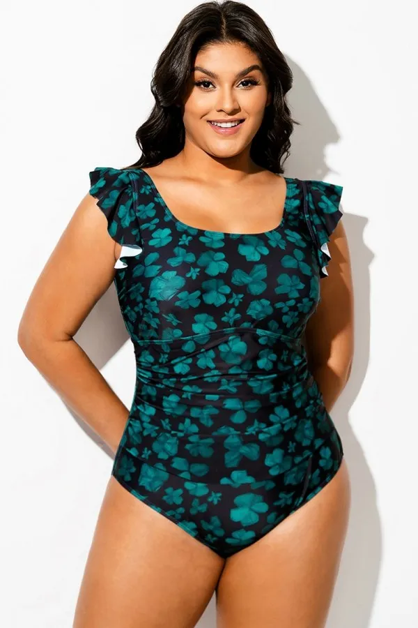 Floral Print Ruffle Sleeve One Piece Swimsuit