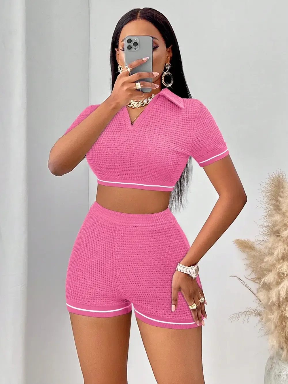 Waffle Knit Crop Tee & Biker Shorts