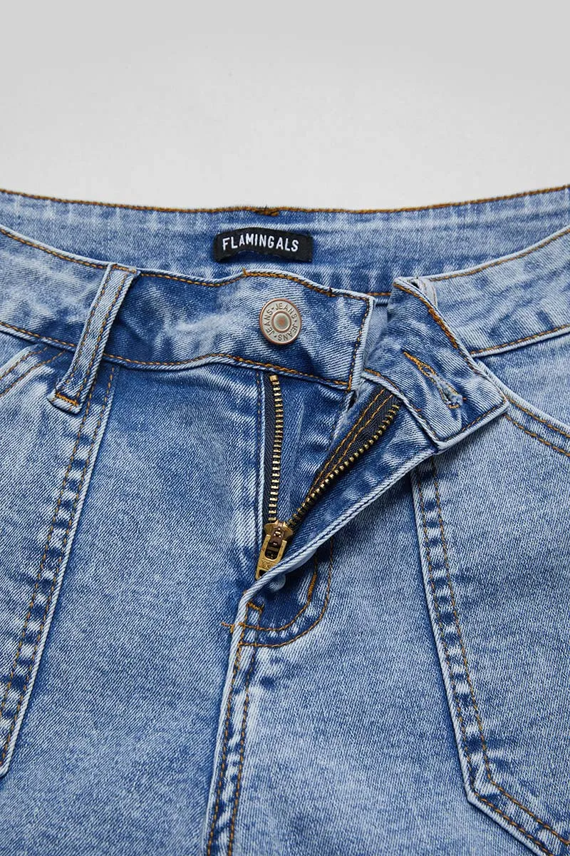 Wash Raw Hem Flap Pocket Wide Leg Low Rise Jeans