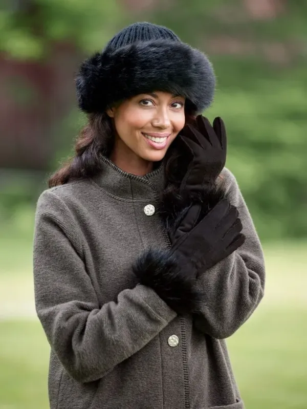 Women's Black Faux Fur-Trimmed Fleece Gloves