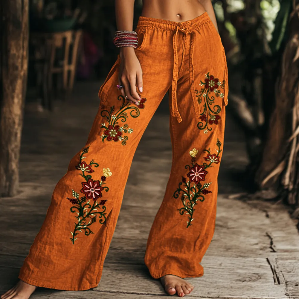 Vintage Floral Art Printed Cotton Linen Wide Leg Pants
