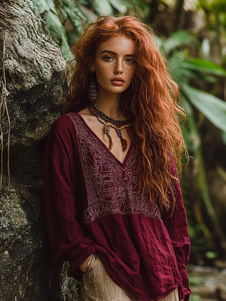 Bohemian Tribal Embroidery Print Cotton And Linen Blend Loose Blouse