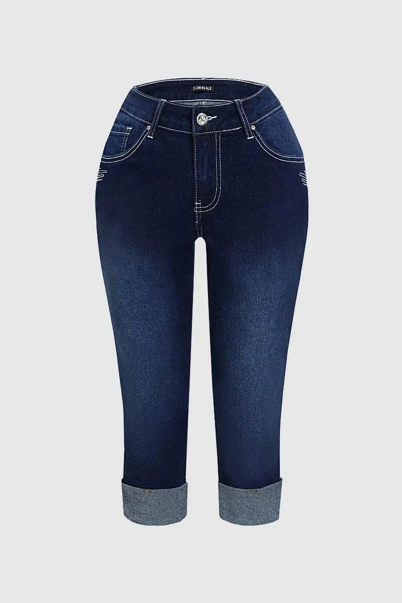 Wash Embroidery Back Roll Hem Mid Rise Capri Jeans