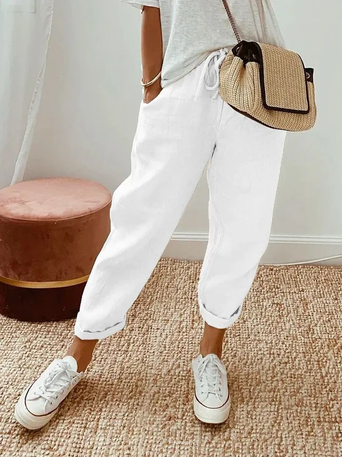 Solid Color Insert Pocket Drawstring Casual Pants