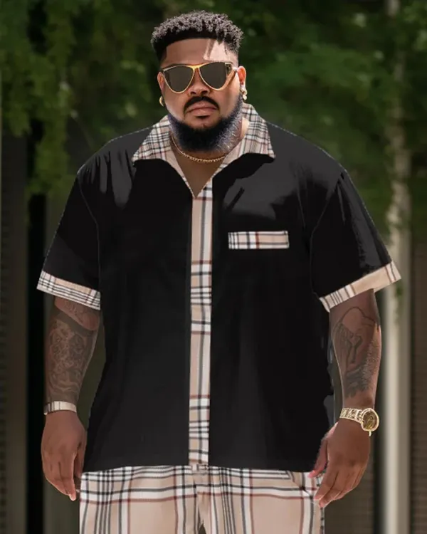 Men'S Large Size Casual Color Block Plaid Retro Street Short Shirt Shorts Suit