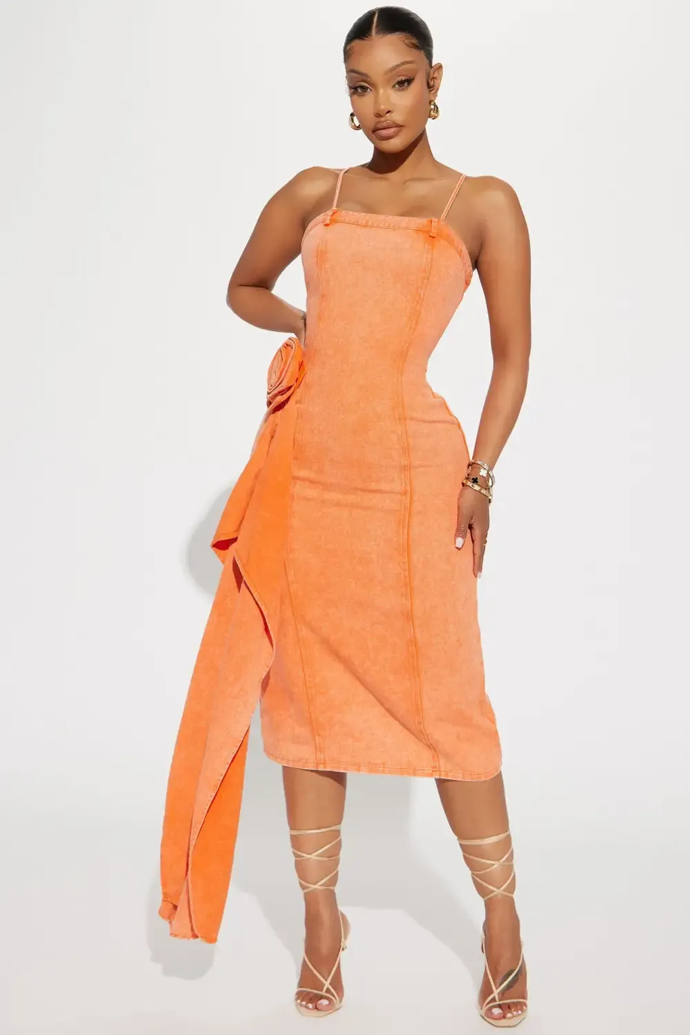 Rita Rosette Denim Midi Dress - Orange