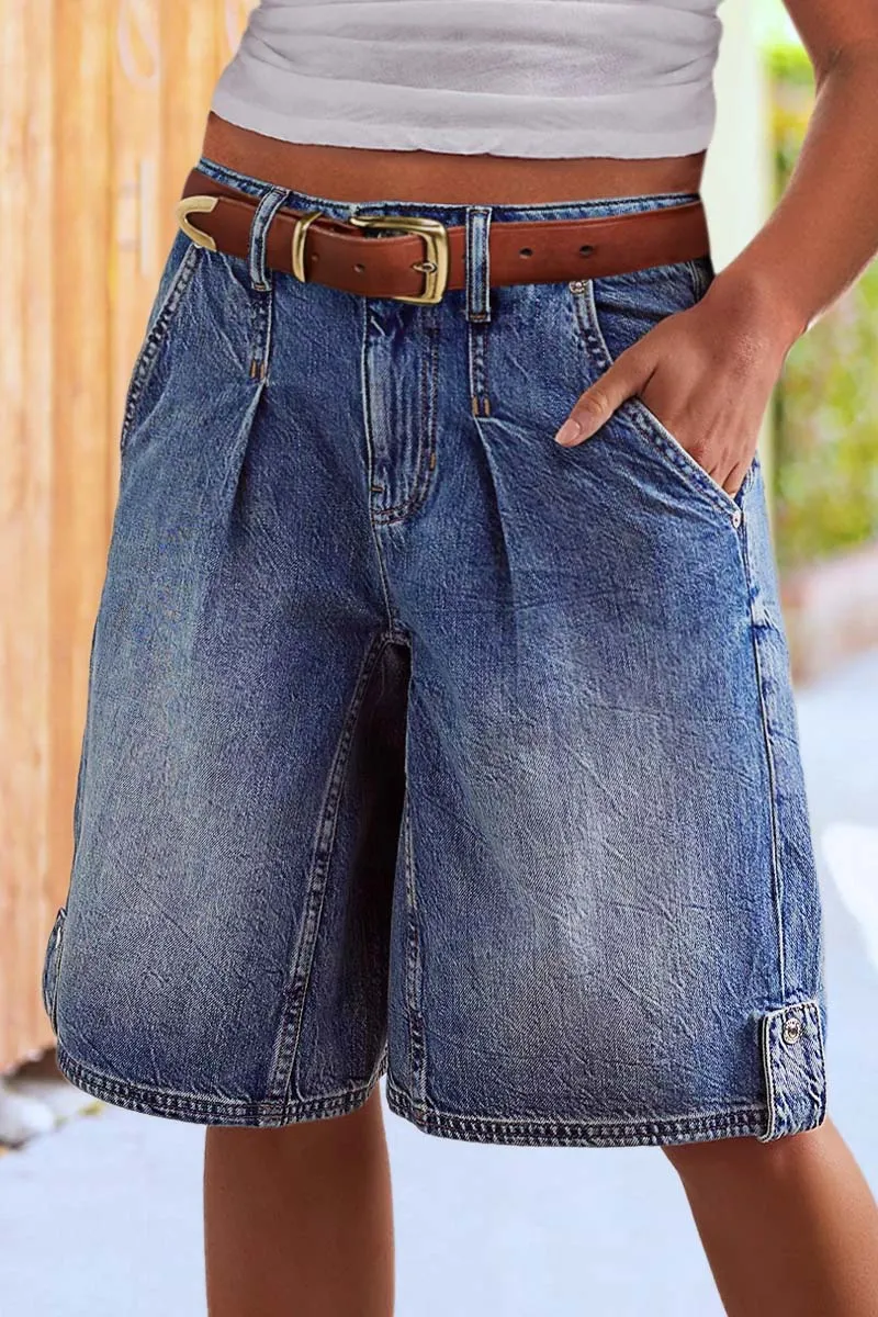 Wash Pleated Mid Rise Straight Leg Denim Bermuda Shorts Without Belt