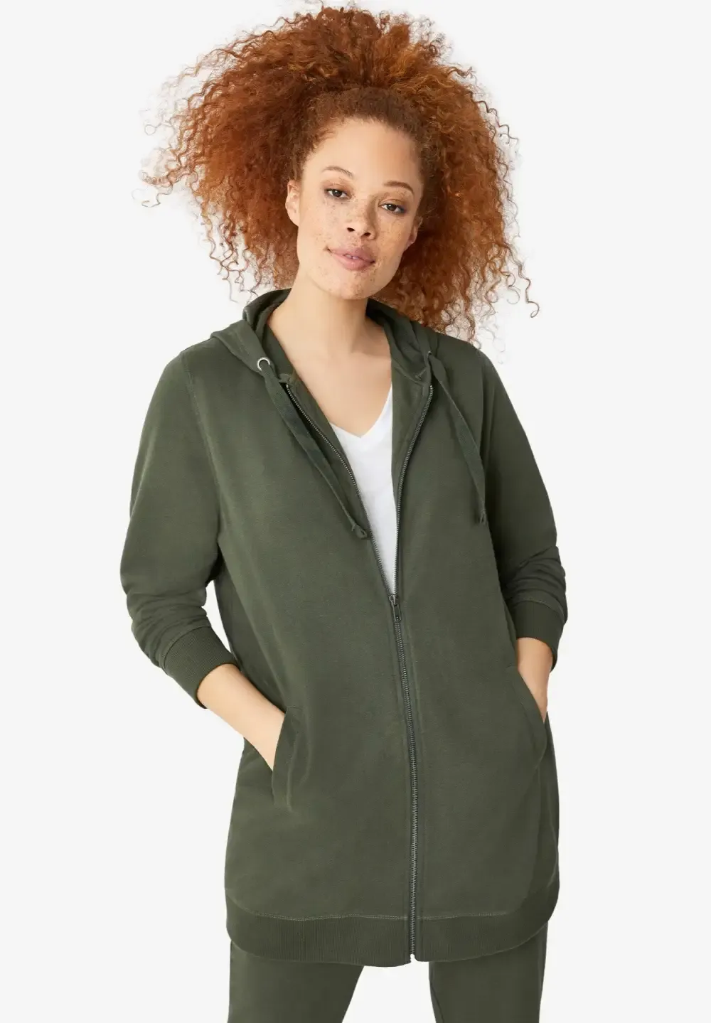 French Terry Long Zip Front Hoodie