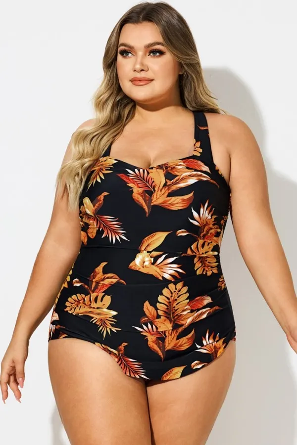 Leaf Print H-Back Sarong Front One Piece Swimsuit