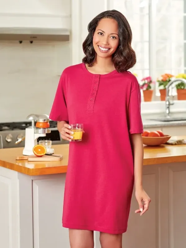 Comfort Knit Jersey Knit Henley-Style Shortie Nightgown