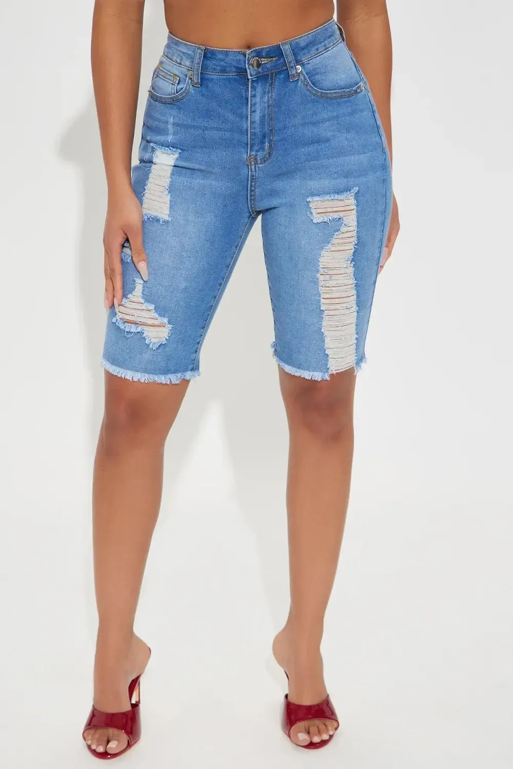 Arielle High Rise Bermuda Denim Shorts - Medium Wash
