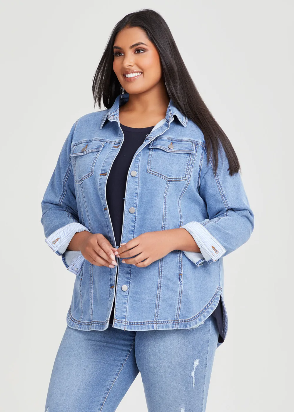 Cotton Curved Hem Denim Shacket