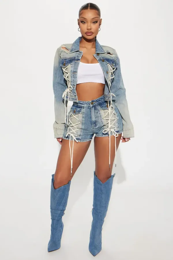 Reaching New Levels Lace Up Denim Jacket - Vintage Wash