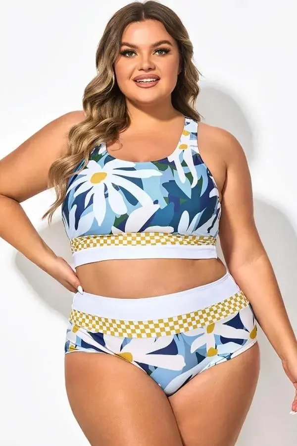 Plus Size Floral Print Wide Strap Bikini Top