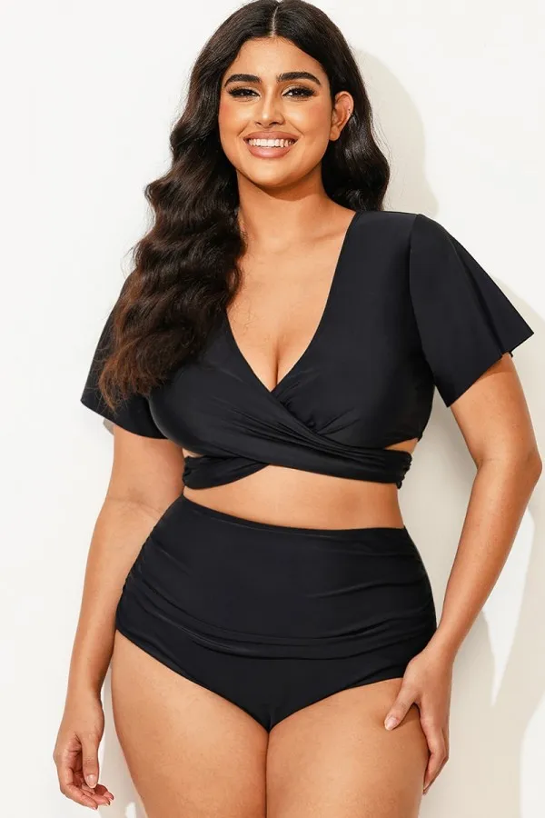 Black Solid V-Neck Ruched Bikini Top