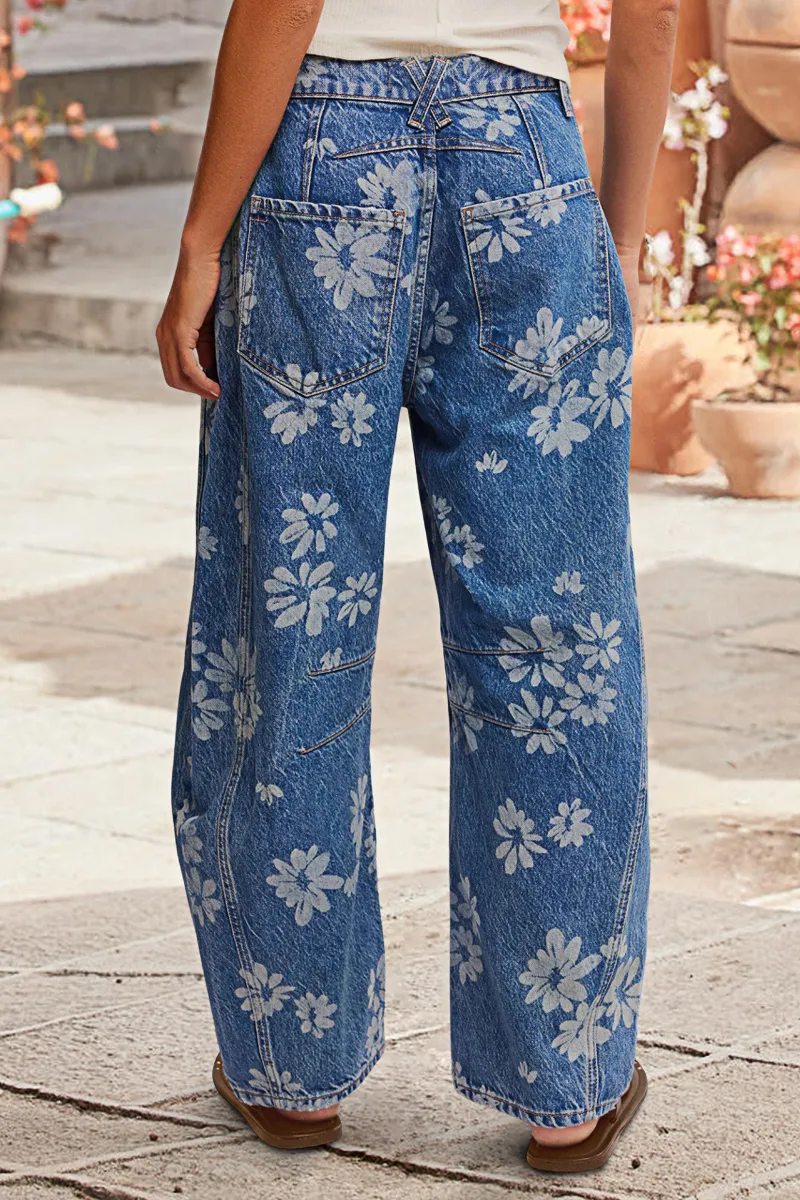 Floral Printed Stitch Detail Criss Cross Mid Waist Barrel Leg Jeans