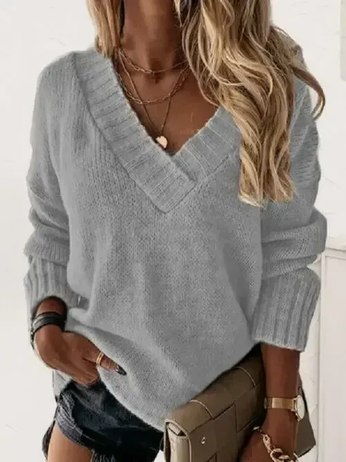 V-Neck Long Sleeve Knit Top Sweater AC