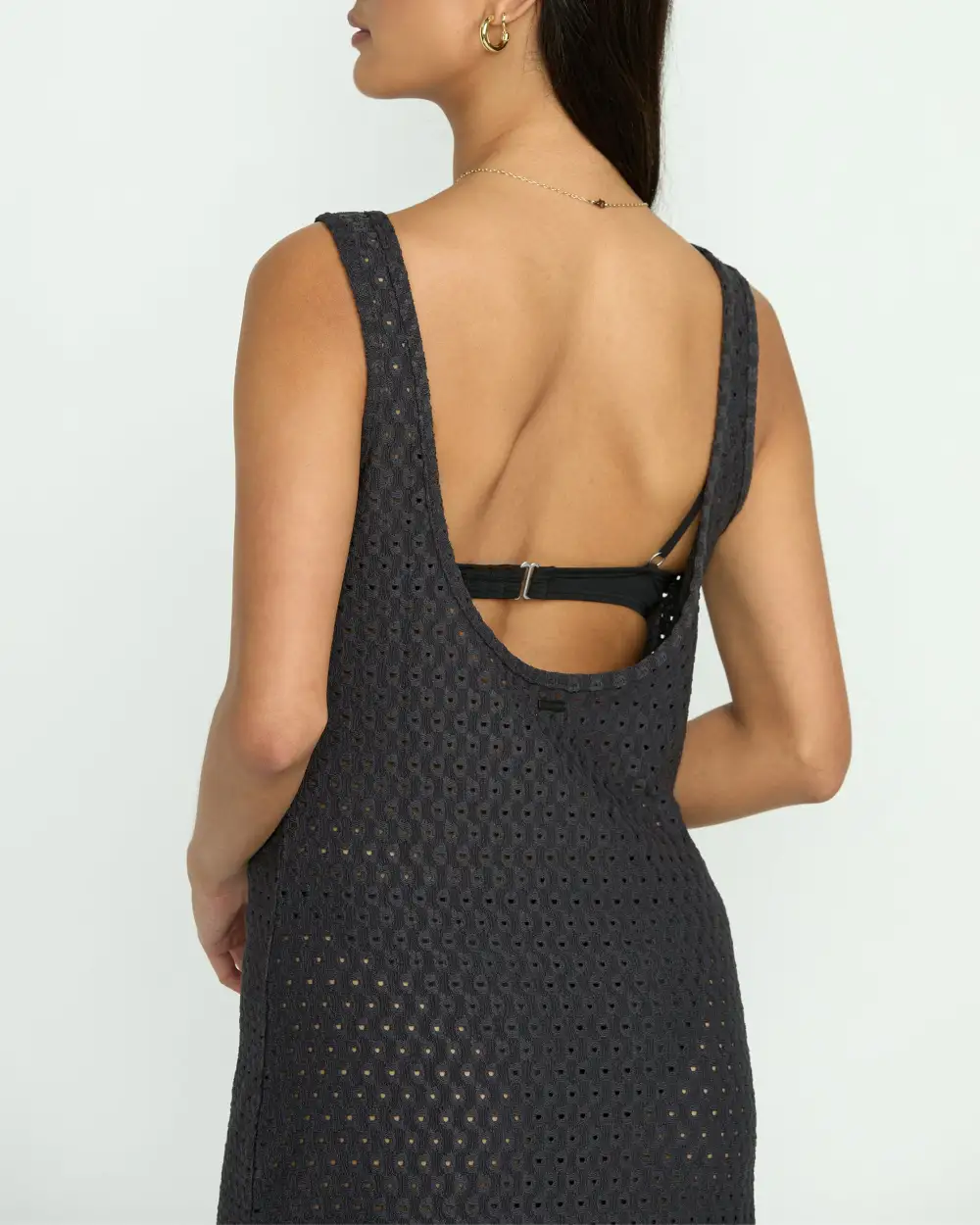 Eyelet Sun Midi Dress Beach Coverup - Off Black