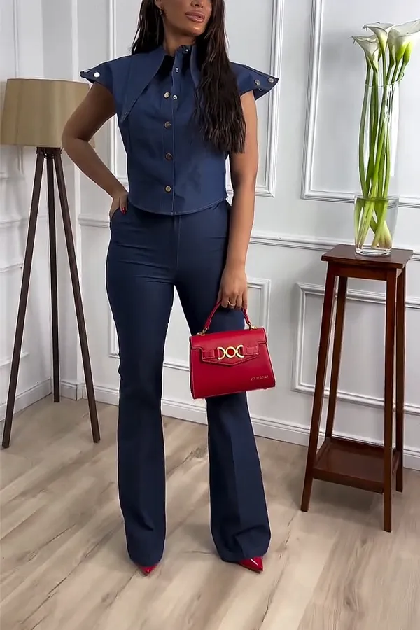 Women'S Solid Color Top And Pants Two-Piece Set