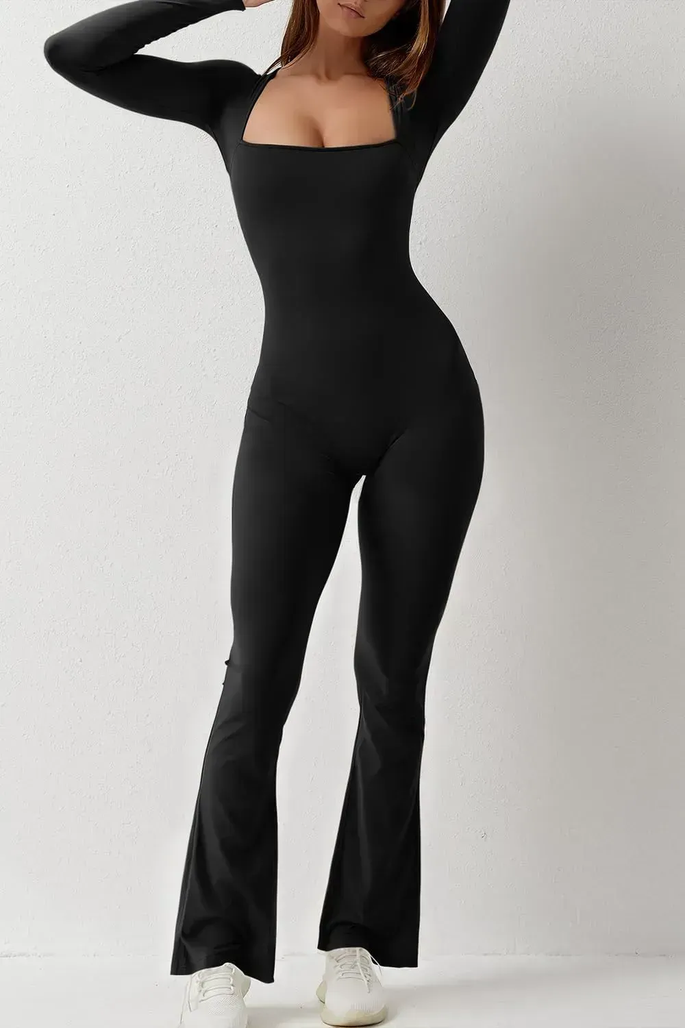 Long Sleeve Jumpsuits for Women Square Neck Wide Leg Full Length Romper Playsuit