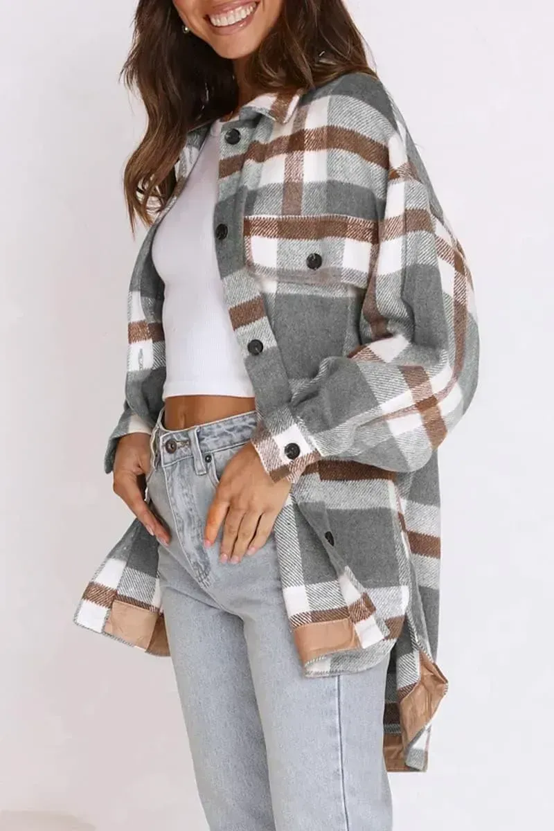 Womens Casual Plaid Shacket Button Down Long Sleeve Shirt