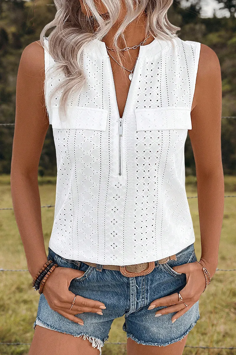 Eyelet Embroidery Flap Decor Half Zip Tank Top