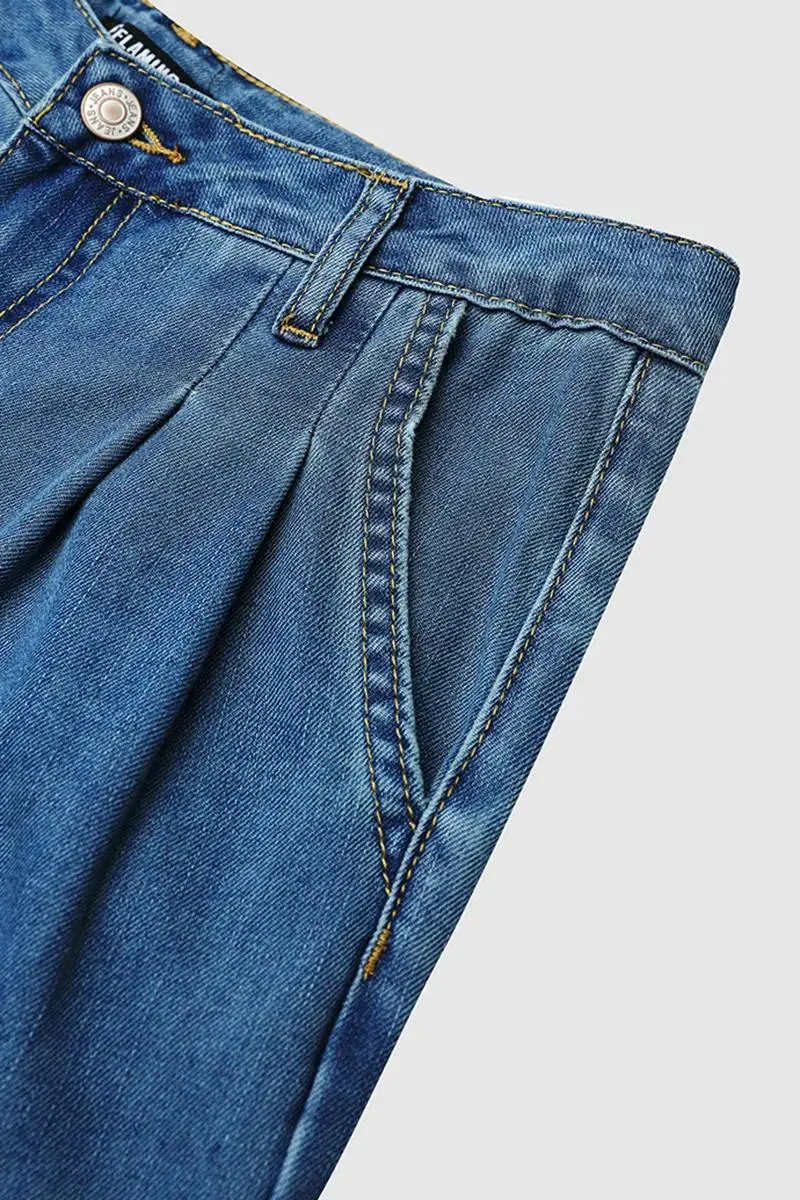 Wash Pleated Detail Wide Leg High Rise Jeans