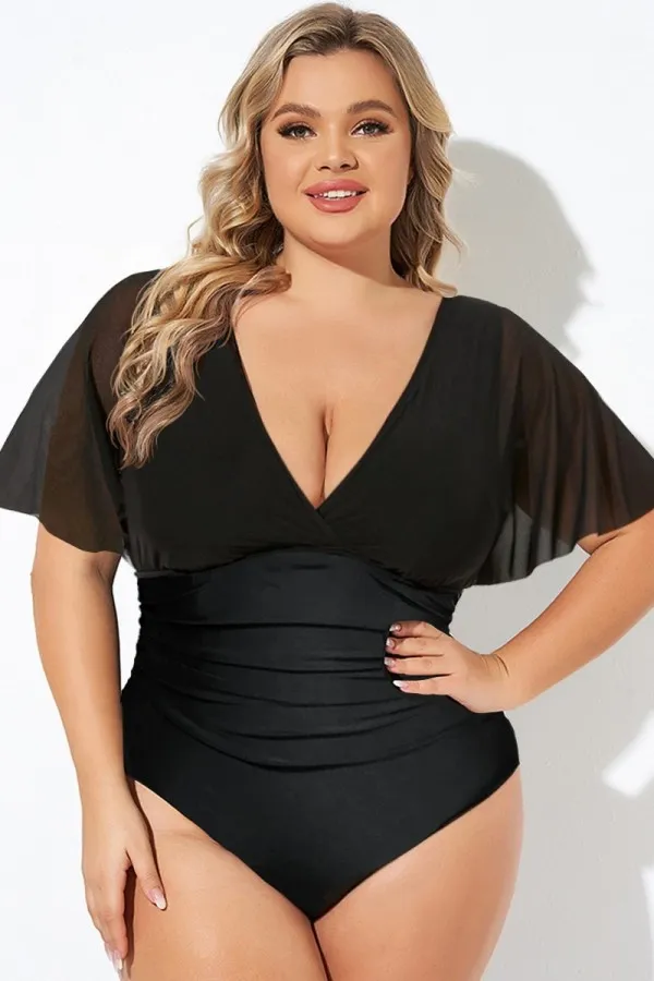 Black Wireless Mesh Flutter Sleeve One Piece Swimsuit