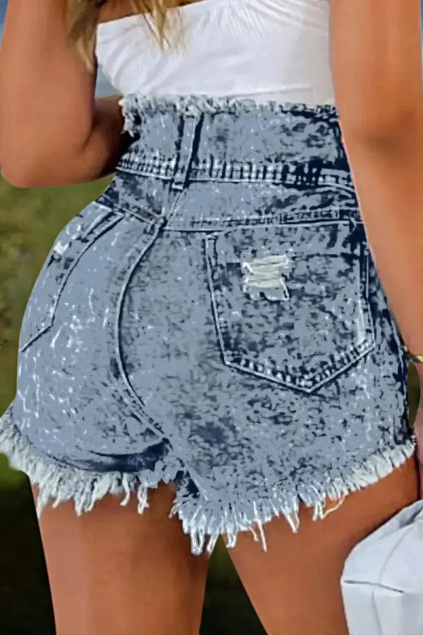 Ripped Raw Trim High Waist Denim Shorts