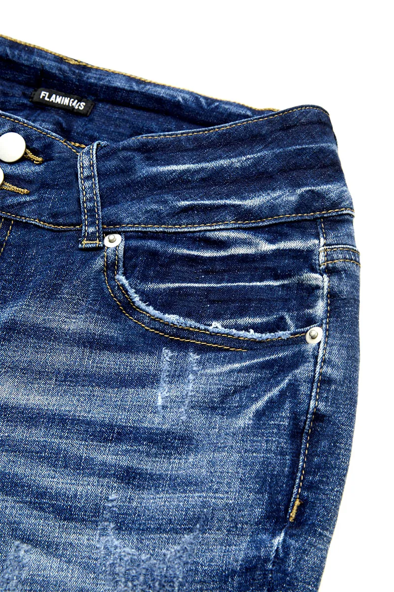 Ripped Double Button Mid Waist Skinny Jeans