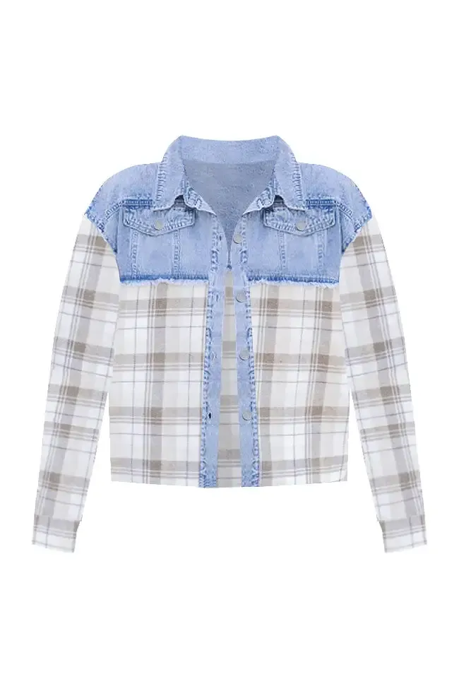 A Different Direction Ivory And Beige Plaid Detail Denim Jacket