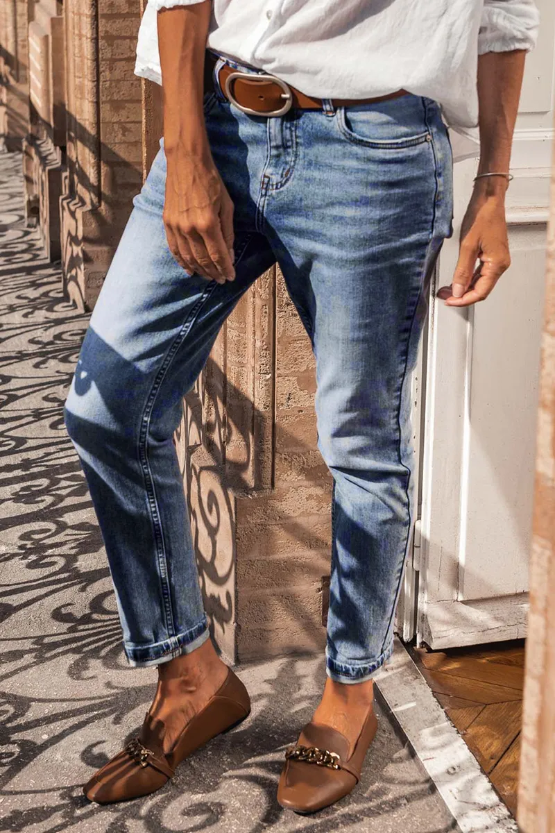 Roll Hem Mid Waist Crop Straight Leg Jeans Without Belt